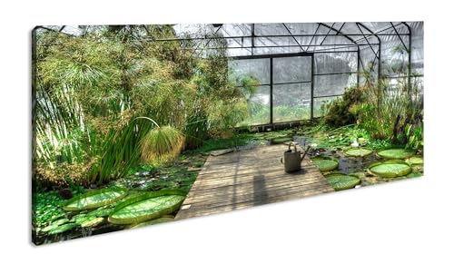 Gewächshaus mit Lotus pflanzen Panorama 120x60 cm als Leinwandbild, Motiv fertig gerahmt auf Echtholzrahmen, Hochwertiger Digitaldruck mit Rahmen von deyoli