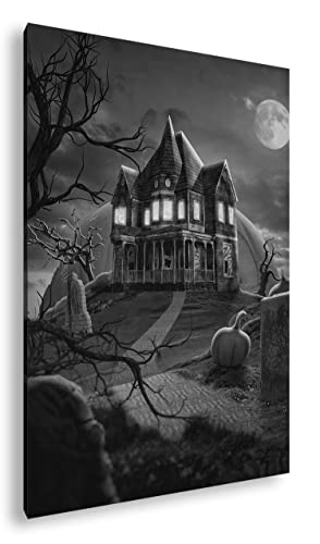 deyoli Helloween Villa Format: 80x60 Effekt: Schwarz&Weiß als Leinwandbild, Motiv fertig gerahmt auf Echtholzrahmen, Hochwertiger Digitaldruck, Kein Poster oder Plakat von deyoli