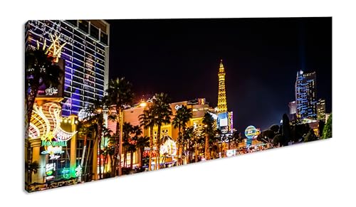 Innenstadt von Las Vegas bei Nacht Panorama 120x60 cm als Leinwandbild, Motiv fertig gerahmt auf Echtholzrahmen, Hochwertiger Digitaldruck mit Rahmen von deyoli