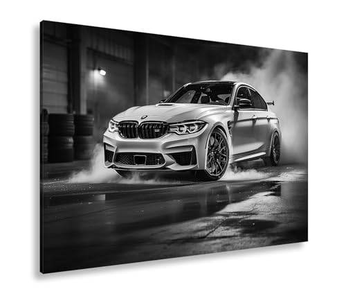 Leinwandbild Rauch und Power – ein BMW entfesselt pure Drift-Energie. Format: 120x80cm Effekt: Schwarz&Weiß XXL Kunstdruck Bild auf Keilrahmen/Wandbild/Wohnzimmer Dekoration von deyoli