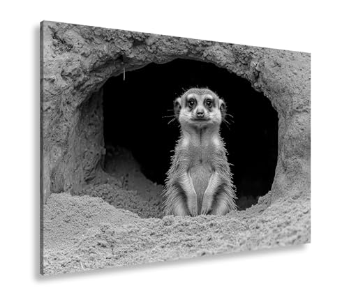Leinwandbild Wächter der Wüste – Erdmännchen posiert vor dunklem Bau. Format: 100x70cm Effekt:Schwarz&Weiß XXL Kunstdruck Bild auf Keilrahmen/Wandbild/Wohnzimmer Dekoration von deyoli