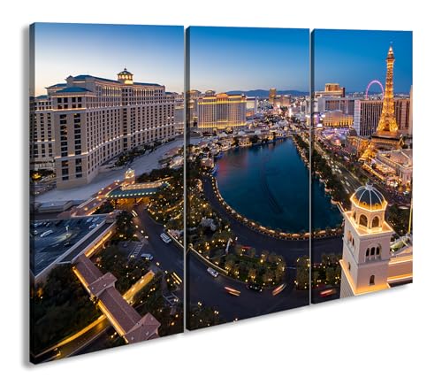 Leinwandbild Lichter der Las Vegas Skyline erstrahlen in der Nacht Format: 120x80cm (3Teilig) XXL Kunstdruck Bild auf Holzrahmen/Wandbild/Wohnzimmer Dekoration von deyoli