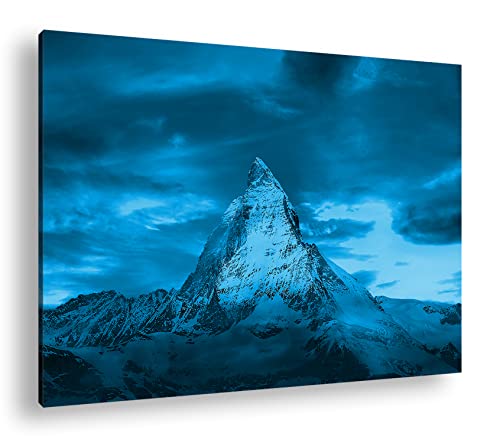 Matterhorn in der Schweiz Format 80x60 Effekt: Monocrome Blau als Leinwandbild, Motiv fertig gerahmt auf Echtholzrahmen, Hochwertiger Digitaldruck mit Rahmen von deyoli