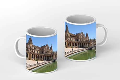 Plaza de Espania in Sevilla als Motivetasse Quadratisch 300ml, aus Keramik weiß, wunderbar als Geschenkidee oder ihre neue Lieblingstasse von deyoli