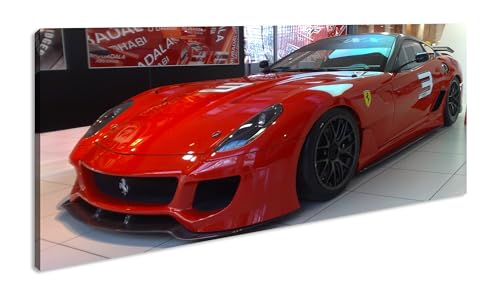 Roter Ferrari in einer Ausstellung Panorama 80x40 cm als Leinwandbild, Motiv fertig gerahmt auf Echtholzrahmen, Hochwertiger Digitaldruck mit Rahmen von deyoli