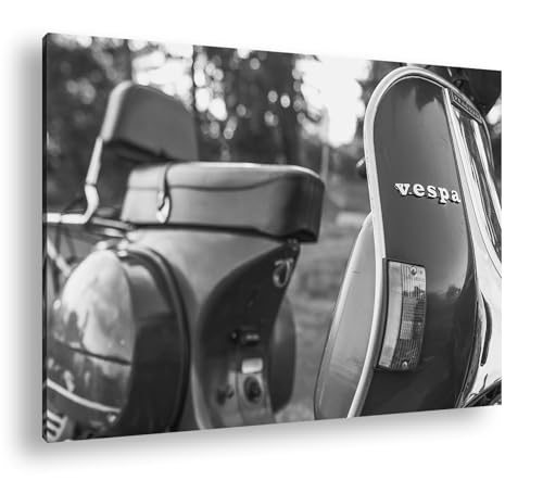 deyoli Vespa Motorrad in schöner Landschaft Effekt: Schwarz/Weiß im Format: 100x70 als Leinwandbild, Motiv fertig gerahmt auf Echtholzrahmen, Hochwertiger Digitaldruck mit Rahmen von deyoli