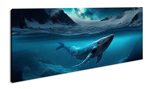 Wale im Meer Panorama 120x60 cm als Leinwandbild, Motiv fertig gerahmt auf Echtholzrahmen, Hochwertiger Digitaldruck mit Rahmen von deyoli