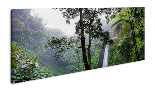 Wasserfall im tropischem Regenwald Panorama 120x60 cm als Leinwandbild, Motiv fertig gerahmt auf Echtholzrahmen, Hochwertiger Digitaldruck mit Rahmen von deyoli