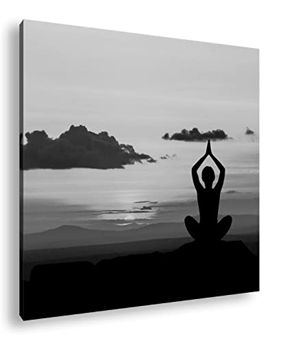 Yoga Meditation am Meer Effekt: Schwarz&Weiß Format: 70x70 als Leinwandbild, Motiv fertig gerahmt auf Echtholzrahmen, Hochwertiger Digitaldruck, Kein Poster oder Plakat von deyoli