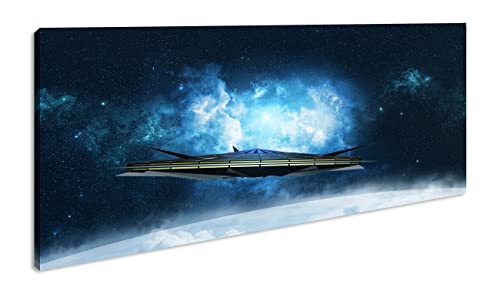 beeindruckendes Raumschiff im Universum Panorama 100x50 cm als Leinwandbild, Motiv fertig gerahmt auf Echtholzrahmen, Hochwertiger Digitaldruck mit Rahmen von deyoli