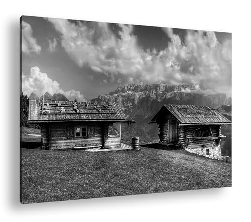 deyoli Alpen Holzhütten Format: 100x70 Effekt: Schwarz&Weiß als Leinwandbild, Motiv fertig gerahmt auf Echtholzrahmen, Hochwertiger Digitaldruck mit Rahmen, Kein Poster oder Plakat von deyoli