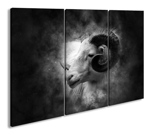 Leinwandbild Ein bezaubernder Widderkopf, geschnitzt aus edlem Holz Format: 120x80cm (3Teilig) Effekt:Schwarz&Weiß XXL Kunstdruck Bild auf Holzrahmen/Wandbild/Wohnzimmer Dekoration von deyoli