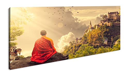 deyoli Buddhistischer Mönch Panorama 120x60 cm als Leinwandbild, Motiv fertig gerahmt auf Echtholzrahmen, Hochwertiger Digitaldruck mit Rahmen von deyoli