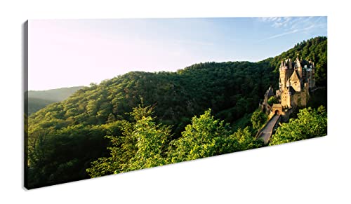 deyoli Burg Eltz im blühendem Grünen Panorama 120x60 cm als Leinwandbild, Motiv fertig gerahmt auf Echtholzrahmen, Hochwertiger Digitaldruck mit Rahmen von deyoli