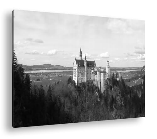 deyoli Burg Neuschwanstein Format:75x50 cm Effekt:Schwarz/Weiß als Leinwandbild, Motiv fertig gerahmt auf Echtholzrahmen, Hochwertiger Digitaldruck mit Rahmen von deyoli