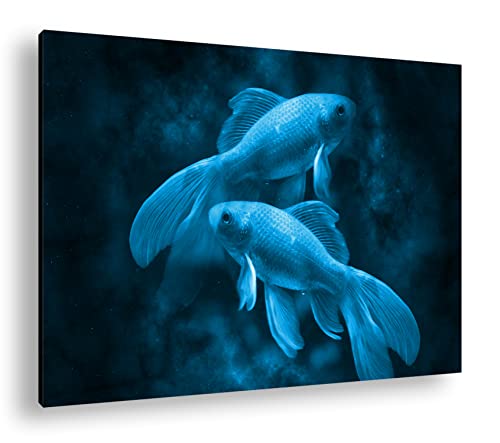 deyoli Dark Sternzeichen Fische Format 80x60 Effekt: Monocrome Blau als Leinwandbild, Motiv fertig gerahmt auf Echtholzrahmen, Hochwertiger Digitaldruck mit Rahmen von deyoli