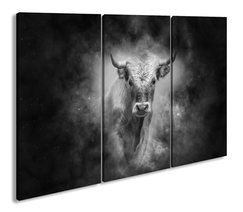 deyoli Dark Sternzeichen Stier Effekt: Schwarz/Weiß Format: 3-teilig 120x80, Motiv fertig gerahmt auf Echtholzrahmen, Hochwertiger Digitaldruck mit Rahmen, Kein Poster oder Plakat von deyoli