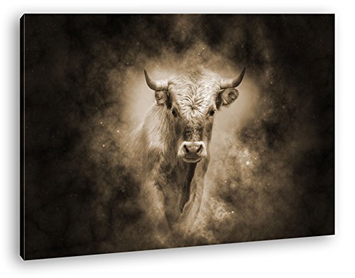 deyoli Dark Sternzeichen Stier Format: 120x80 Effekt: Sepia als Leinwandbild, Motiv fertig gerahmt auf Echtholzrahmen, Hochwertiger Digitaldruck mit Rahmen, Kein Poster oder Plakat von deyoli