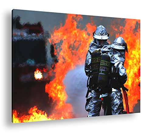 deyoli Feuerwehrmänner mit Flammen im Format: 120x80 als Leinwandbild, Motiv fertig gerahmt auf Echtholzrahmen, Hochwertiger Digitaldruck mit Rahmen, Kein Poster oder Plakat von deyoli