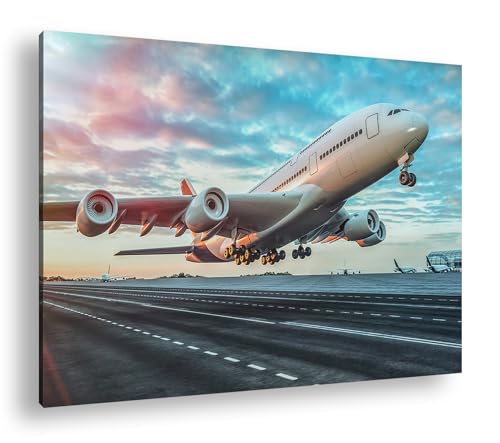 deyoli Flugzeug bei Sonnenuntergang Format: 120x80 cm als Leinwandbild, Motiv fertig gerahmt auf Echtholzrahmen, Hochwertiger Digitaldruck mit Rahmen von deyoli