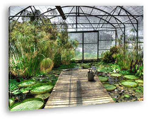 deyoli Gewächshaus mit Lotus pflanzen Format: 60x40 als Leinwand, Motiv fertig gerahmt auf Echtholzrahmen, Hochwertiger Digitaldruck mit Rahmen, Kein Poster oder Plakat von deyoli