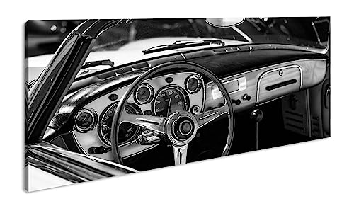 deyoli Glänzender Oldtimer Panorama 60x30 cm Effekt: Schwarz/Weiss als Leinwandbild, Motiv fertig gerahmt auf Echtholzrahmen, Hochwertiger Digitaldruck mit Rahmen von deyoli