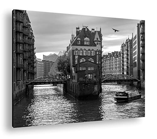 deyoli Hamburg Speicherstadt Kanal Format: 100x70 Effekt: Schwarz&Weiß als Leinwandbild, Motiv fertig gerahmt auf Echtholzrahmen, Hochwertiger Digitaldruck, Kein Poster oder Plakat von deyoli