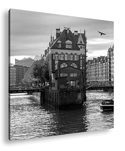 deyoli Hamburg Speicherstadt Kanal Format: 40x40 Effekt: Schwarz&Weiß als Leinwandbild, Motiv fertig gerahmt auf Echtholzrahmen, Hochwertiger Digitaldruck, Kein Poster oder Plakat von deyoli