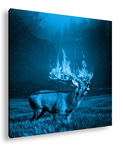 deyoli Hirsch mit brennendem Geweih Format: 40x40 Effekt: Monocrome Blau als Leinwandbild, Motiv fertig gerahmt auf Echtholzrahmen, Hochwertiger Digitaldruck mit Rahmen von deyoli
