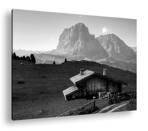 deyoli Holzhütte im Gebirge Format:75x50 cm Effekt: Schwarz/Weiß als Leinwandbild, Motiv fertig gerahmt auf Echtholzrahmen, Hochwertiger Digitaldruck mit Rahmen von deyoli