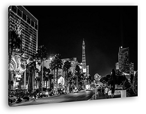 deyoli Innenstadt von Las Vegas bei Nacht Effekt: Schwarz/Weiß Format: 60x40 als Leinwand, Motiv fertig gerahmt auf Echtholzrahmen, Hochwertiger Digitaldruck mit Rahmen von deyoli