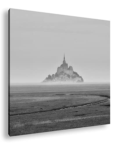 deyoli Insel Kathedrale Mont Saint Michel Effekt: Schwarz&Weiß Format: 40x40 als Leinwandbild, Motiv fertig gerahmt auf Echtholzrahmen, Hochwertiger Digitaldruck, Kein Poster oder Plakat von deyoli