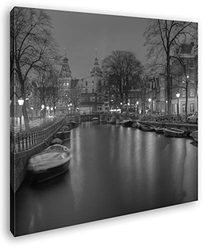 deyoli Kanal in Amsterdam bei Nacht Format: 40x40 Effekt: Schwarz&Weiß als Leinwandbild, Motiv auf Echtholzrahmen, Hochwertiger Digitaldruck mit Rahmen, Kein Poster oder Plakat von deyoli