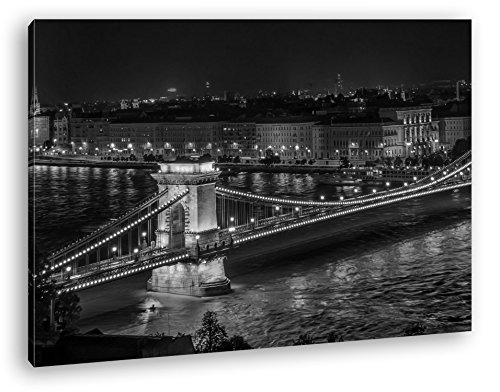 deyoli Kettenbrücke im schönen Budapest Effekt: Schwarz/Weiß im Format: 120x80 als Leinwandbild, Motiv fertig gerahmt auf Echtholzrahmen, Hochwertiger Digitaldruck mit Rahmen von deyoli