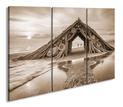 deyoli Leinwandbild Holzskulptur am Strand fängt die Sonnenstrahlen Format: 120x80cm (3Teilig) Effekt:Sepia XXL Kunstdruck Bild auf Holzrahmen/Wandbild/Wohnzimmer Dekoration von deyoli