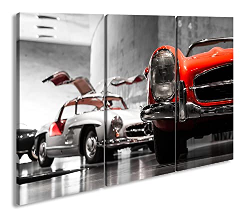 deyoli Oldtimer Ausstellung Format: 3-teilig 120x80 als Leinwand, Motiv fertig gerahmt auf Echtholzrahmen, Hochwertiger Digitaldruck mit Rahmen, Kein Poster oder Plakat von deyoli