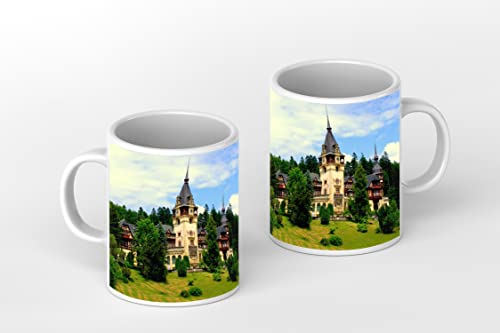 deyoli Schloss Peles in Rumänien mit wundervoller Landschaft als Motivetasse Quadratisch 300ml, aus Keramik weiß, wunderbar als Geschenkidee oder ihre neue Lieblingstasse von deyoli
