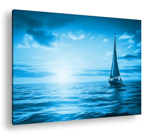 deyoli Segelboot im Ozean Format: 100x70 cm Effekt: Monocrome Blau als Leinwandbild, Motiv fertig gerahmt auf Echtholzrahmen, Hochwertiger Digitaldruck mit Rahmen von deyoli