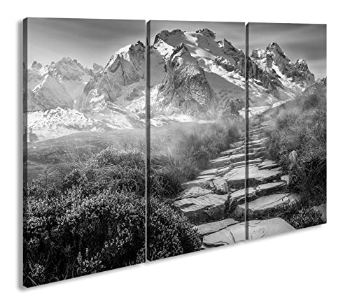 deyoli Steinweg in die Berge Format: 3-teilig 120x80 Effekt: Schwarz&Weiß als Leinwandbild, Motiv fertig gerahmt auf Echtholzrahmen, Hochwertiger Digitaldruck mit Rahmen von deyoli