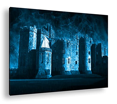 deyoli alte steinerne Burg Format 60x40 Effekt: Monocrome Blau als Leinwandbild, Motiv fertig gerahmt auf Echtholzrahmen, Hochwertiger Digitaldruck mit Rahmen von deyoli