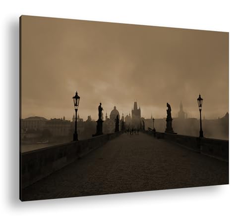 deyoli atemberaubende Brücke in Prag Format:90x60 cm Effekt: Sepia als Leinwandbild, Motiv fertig gerahmt auf Echtholzrahmen, Hochwertiger Digitaldruck mit Rahmen von deyoli
