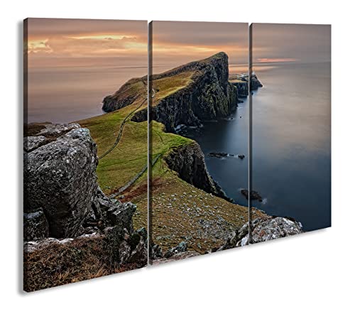 deyoli atemberaubende Felsenküste in Schottland im Format: 3-teilig 120x80 als Leinwandbild, Motiv fertig gerahmt auf Echtholzrahmen, Hochwertiger Digitaldruck mit Rahmen von deyoli