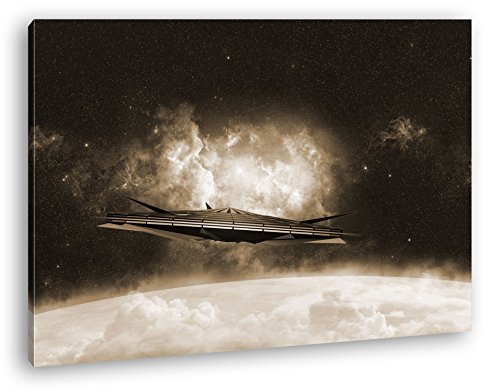 deyoli beeindruckendes Raumschiff im Universum Format: 80x60 Effekt: Sepia als Leinwand, Motiv fertig gerahmt auf Echtholzrahmen, Hochwertiger Digitaldruck mit Rahmen, Kein Poster oder Plakat von deyoli