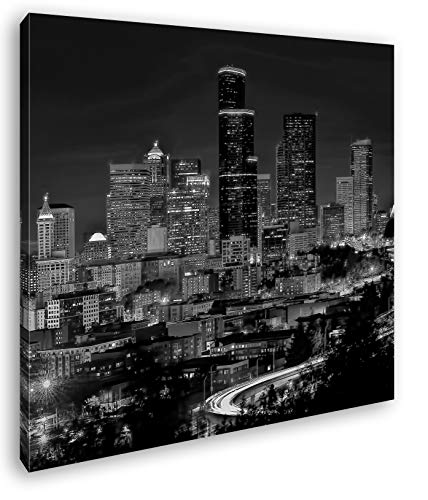 deyoli belebte Skyline von Seattle bei Nacht Format: 70x70 Effekt: Schwarz&Weiß als Leinwandbild, Motiv auf Echtholzrahmen, Hochwertiger Digitaldruck mit Rahmen, Kein Poster oder Plakat von deyoli