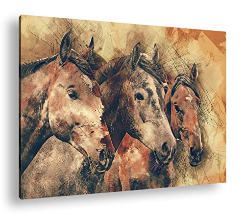 deyoli drei gezeichnete Pferde Format: 80x60 als Leinwandbild, Motiv fertig gerahmt auf Echtholzrahmen, Hochwertiger Digitaldruck mit Rahmen, Kein Poster oder Plakat von deyoli