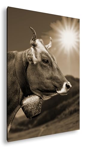 deyoli edle Alpen Kuh Format: 120x80 Effekt: Sepia als Leinwandbild, Motiv fertig gerahmt auf Echtholzrahmen, Hochwertiger Digitaldruck mit Rahmen, Kein Poster oder Plakat von deyoli