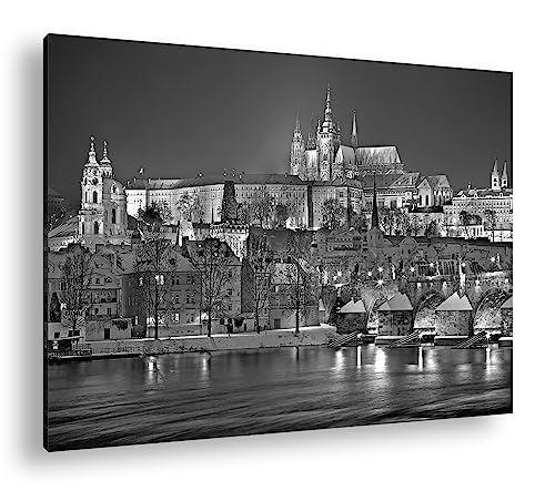 deyoli erhellendes Prag bei Nacht Format:90x60 cm Effekt: Schwarz/Weiss als Leinwandbild, Motiv fertig gerahmt auf Echtholzrahmen, Hochwertiger Digitaldruck mit Rahmen von deyoli