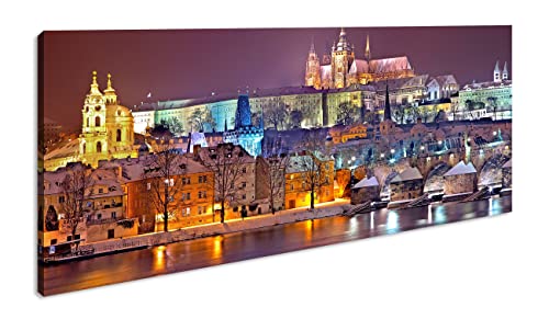 deyoli erhellendes Prag bei Nacht Panorama 100x50 cm als Leinwandbild, Motiv fertig gerahmt auf Echtholzrahmen, Hochwertiger Digitaldruck mit Rahmen von deyoli