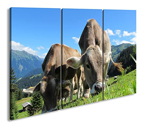 deyoli friedliche Kühe auf Einer Weide in Österreich Format: 3-teilig 120x80 als Leinwandbild, Motiv fertig gerahmt auf Echtholzrahmen, Hochwertiger Digitaldruck mit Rahmen von deyoli