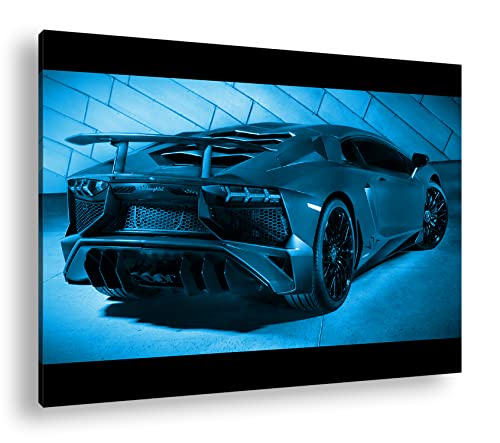 deyoli luxuriöser roter Lamborghini Format 100x70 Effekt: Monocrome Blau als Leinwandbild, Motiv fertig gerahmt auf Echtholzrahmen, Hochwertiger Digitaldruck mit Rahmen von deyoli